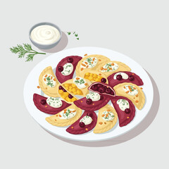 Delicious plate of colorful pierogies with sour cream and herbs.