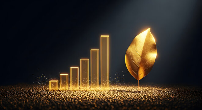 Sustainable Business. Green Energy, Renewable in Environmental Concept. a Green Bar Chart Glowth on Dark Soil and a Green Leaf as a Goal