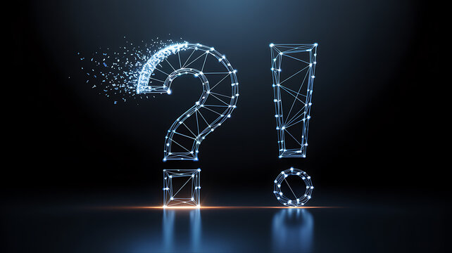 Exploding Question Mark and Exclamation Point Made of Glowing Blue Wireframe punctuation