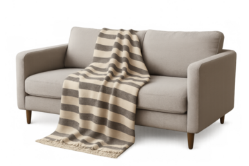 Neutral color sofa with striped throw blanket providing comfort and coziness, transparent background