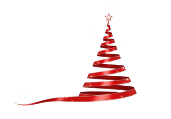 A festive red ribbon twisted into the shape of a christmas tree with a star on top, isolated on transparent background