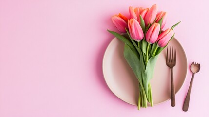 Pink tulips on plate with flatware on pink background for food or celebration