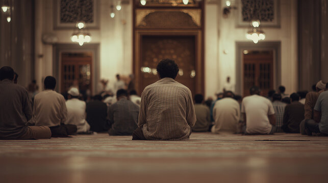 Muslims praying together in mosque interior