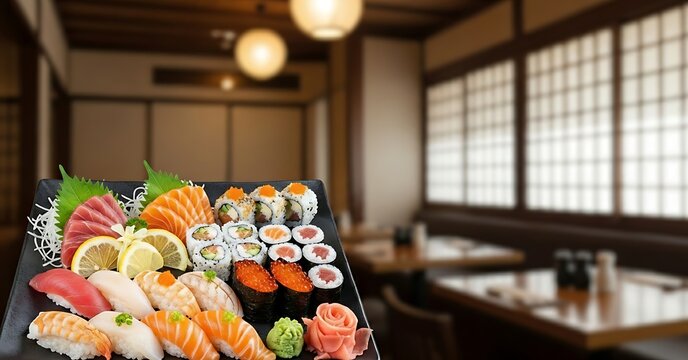 A platter of assorted sushi and sashimi with lemon slices in a restaurant setting on a black plate - Powered by Adobe