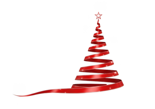 A festive red ribbon twisted into the shape of a christmas tree with a star on top, isolated on transparent background