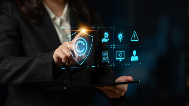 Digital copyright protection system showing secure ownership, intellectual property rights, content verification, and legal warning icons for creators and publishers Latch