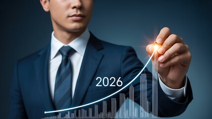Visionary leader crafting a dynamic growth graph for 2026 on an interactive screen, representing innovation, ambition, and corporate prosperity