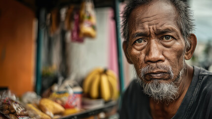 Portrait of an elderly Filipino man sitting beside his street cart with fruit and snacks, showing wisdom, dignity, and strength in everyday urban life, perseverance concept