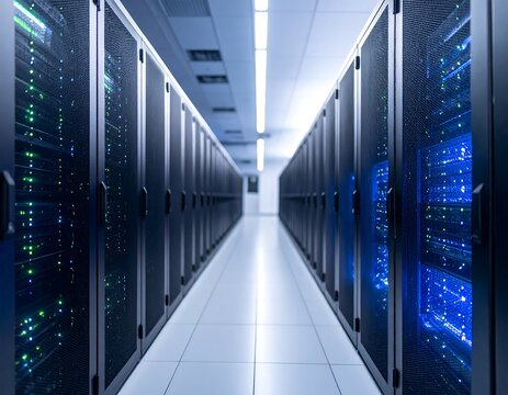 Server room corridor, lit by fluorescent lights, rows of cabinets