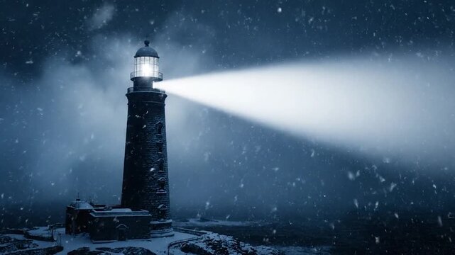 A tall stone lighthouse stands illuminated, its beam cutting through a winter snowstorm over the ocean
