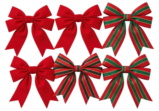 Collection of six christmas bows, three solid red and three striped green and red, isolated on transparent background