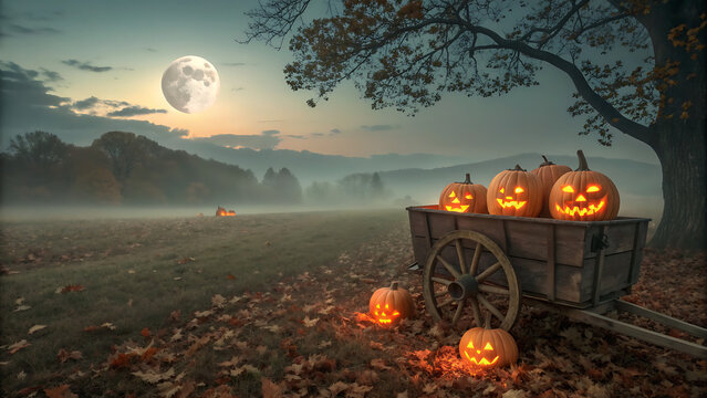 Spooky halloween scene with carved glowing jack o lanterns on a rustic wooden cart surrounded by fallen autumn leaves under a full moon and misty foggy landscape - Powered by Adobe