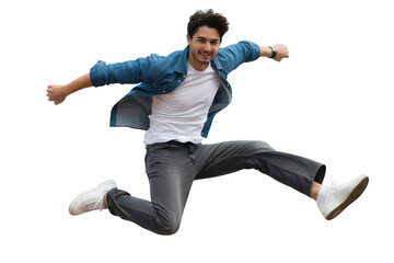 Young man jumping in the air isolated on transparent background