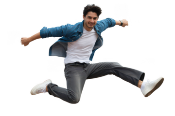 Young man jumping in the air isolated on transparent background