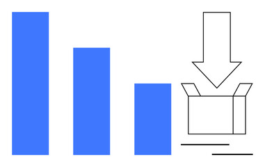 Blue bar graph decreasing in size with a downward arrow pointing to an open box. Ideal for data management, sorting, organization, analysis, storage, logistics, minimalism, flat metaphor