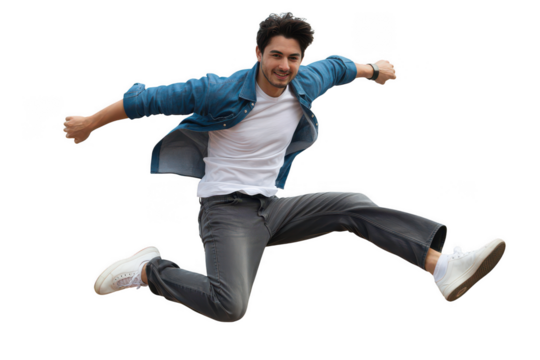 Young man jumping in the air isolated on transparent background