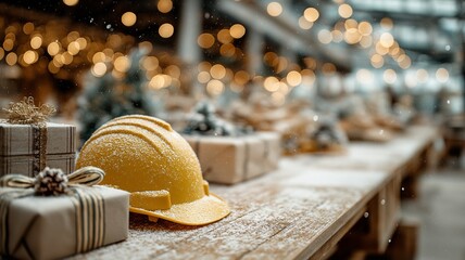 Warm bokeh lights and a joyous atmosphere create a festive new year construction scenario with a yellow hard helmet next to holiday decorations and wrapped present boxes on a snowy office table.