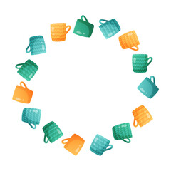 cozy wreath with colorful mugs