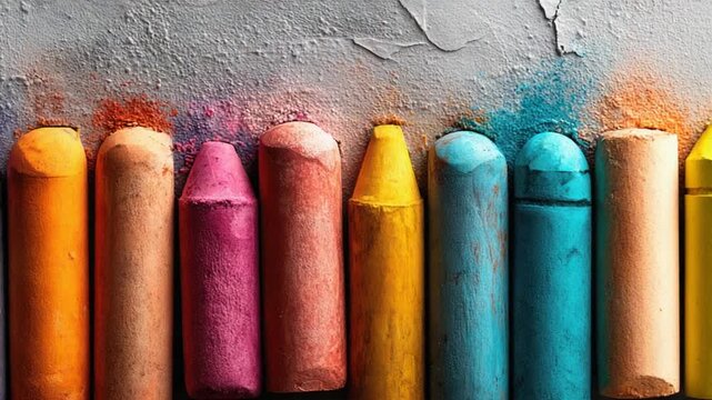 A vibrant, textured close-up featuring various colorful pastels and a textured background