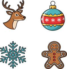 Fototapeta premium Christmas icons and symbols including a deer, bauble, snowflake, and gingerbread man, perfect for holiday designs and decorations
