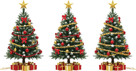 Three decorated Christmas trees with gold stars red bows and gifts holiday festive 1