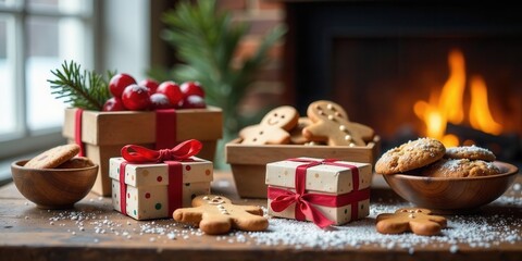 Naklejka premium Cozy winter scene with festive treats and gifts by a warm fireplace