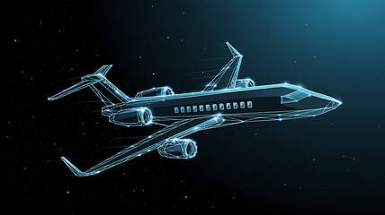 Futuristic wireframe jet airplane flying through starry night sky aircraft aviation