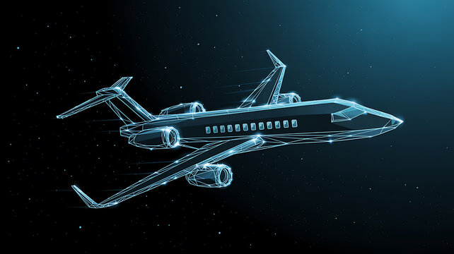 Futuristic wireframe jet airplane flying through starry night sky aircraft aviation