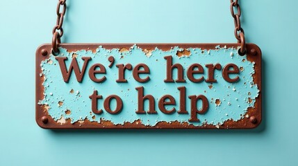 Rustic We're Here to Help Sign with Chain Hanging on Light Blue Background