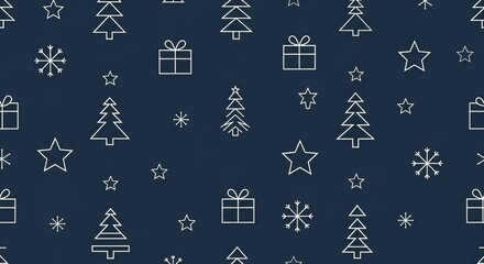 Minimalist Christmas line art pattern, white on navy blue background