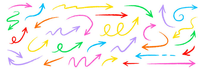 Arrow crayon pastel pencil chalk color line stroke. Sketch chalk pastel color pencil texture line kid fun arrow icon. Hand drawn grunge crayon pencil brush direction elements. Vector illustration