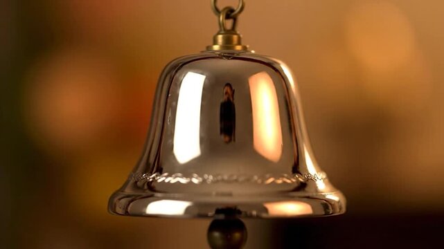 Polished metal bell hangs against soft, out-of-focus warm background