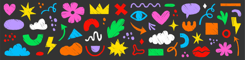 Fototapeta na wymiar Crayon abstract organic element set. Hand drawn sketch doodle scribble pastel brush geometric figure shape crayon texture background. Abstract arrow, circle, zigzag elements. Vector illustration