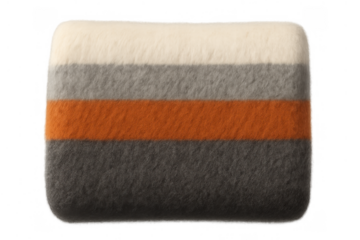 Folded soft striped blanket in white, grey, orange, and dark grey, providing comfort for home and decor, transparent background