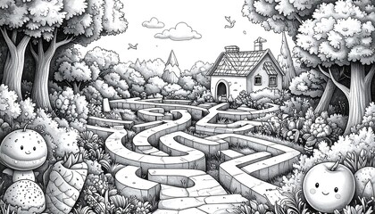 Black and white maze leads to a cottage in a whimsical forest setting
