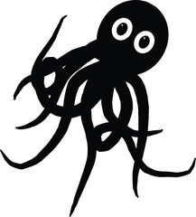Cute cartoon black silhouette of an octopus with big eyes and wavy tentacles