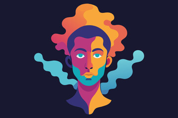 Colorful abstract portrait of a man with flowing hair silhouette isolated on white background