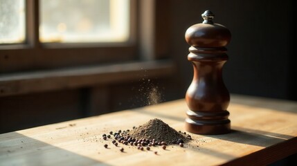 Aromatic peppercorns and freshly ground pepper powder rest on a sunlit wooden surface next to a dark wood pepper grinder, creating a rustic culinary scene.