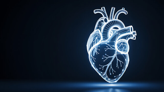 Glowing Blue Wireframe Human Heart on Dark Background with Copy Space anatomy medical