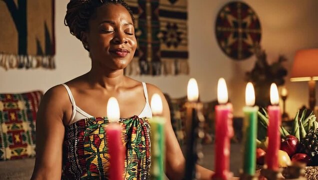 kwanzaa african american woman celebrating with kinara candles - Powered by Adobe