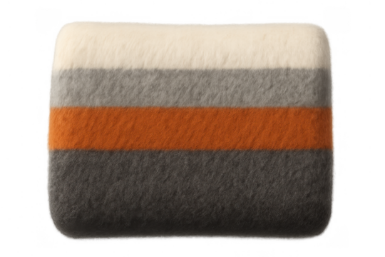 Folded soft striped blanket in white, grey, orange, and dark grey, providing comfort for home and decor, transparent background