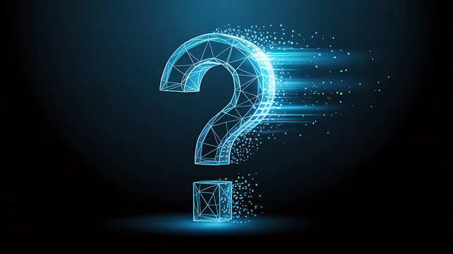Glowing Blue Wireframe Question Mark With Particle Dissipation query unknown
