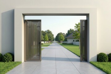 Obraz premium Modern Architectural Entrance Open Bi-Fold Gate Leading to Serene Residential Driveway Pathway