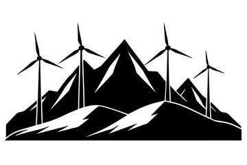 Wind turbines in silhouette against jagged mountains isolated on white background