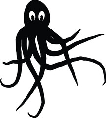 Whimsical black silhouette of a cute cartoon octopus with big eyes and wavy tentacles