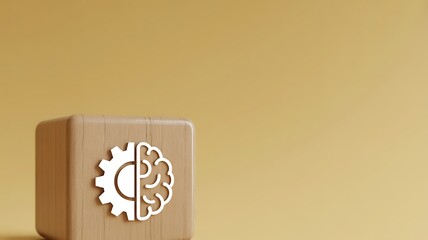 AI and Machine Learning Concept Brain and Cogwheel Symbol on a Wooden Block, Representing Intelligent Technology