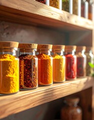Colorful Spices in Glass Jars on Wooden Shelf
