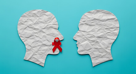 Two silhouette faces look at each other, one has a red cross over his mouth, censorship free speech