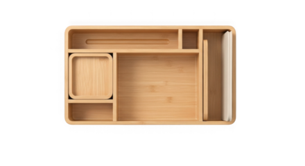 Empty wooden desk organizer with multiple compartments isolated on transparent background