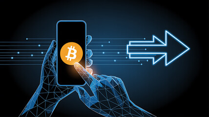 Hand holding smartphone with Bitcoin symbol and outgoing arrow cryptocurrency digital currency